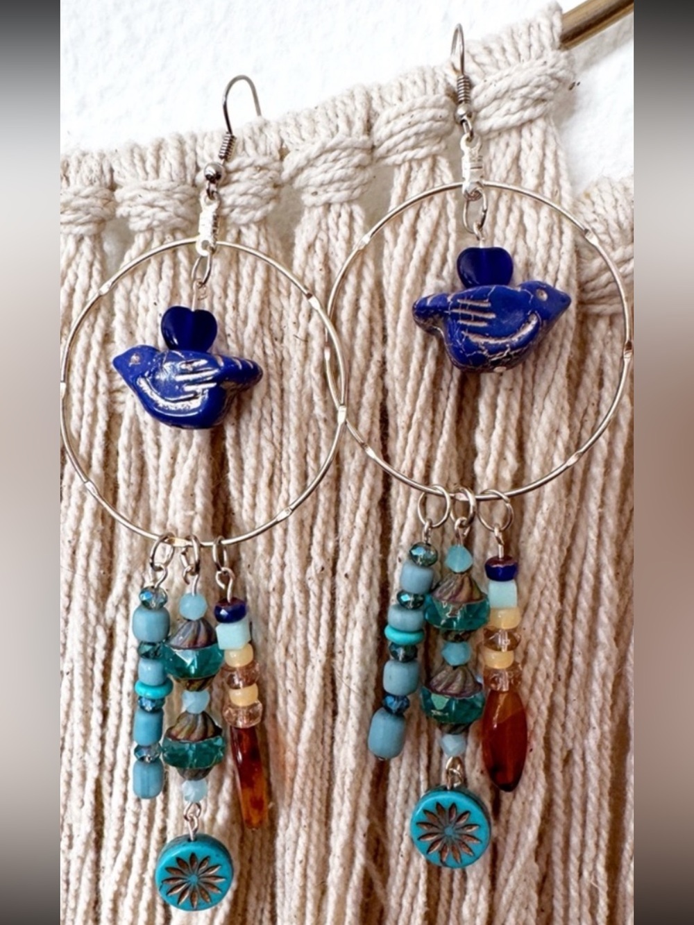 Handcrafted Blue and Orange Bird Boho Earrings